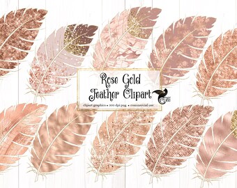 Rose Gold Feathers Clipart - digital graphics with rose gold glitter and foil png feathers instant download for commercial use