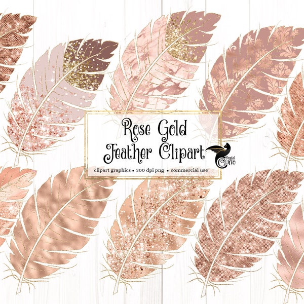 Rose Gold Feathers Clipart - digital graphics with rose gold glitter and foil png feathers instant download for commercial use