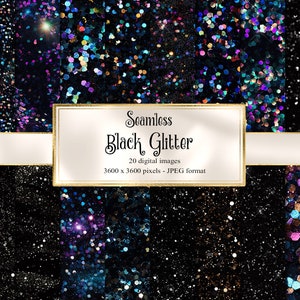 Black Glitter Textures, seamless glam holographic textures with glitter and sparkles instant download commercial use