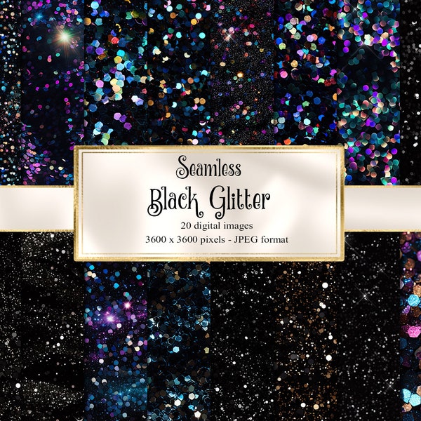 Schwarze Glitzer Texturen, nahtlose, glamouröse holografische Texturen mit Glitzer und Glitzer Sofort Download kommerzielle Nutzung