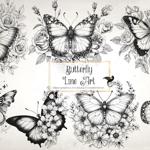 Butterfly Line Art Clipart - vlinders clip art en collagebladen voor gewijzigde kunst of junk journals instant download commercieel gebruik