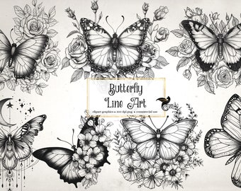 Butterfly Line Art Clipart - butterflies clip art and collage sheets for altered art or junk journals instant download commercial use