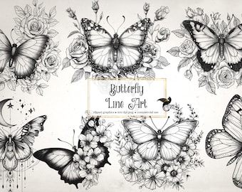 Butterfly Line Art Clipart - butterflies clip art and collage sheets for altered art or junk journals instant download commercial use