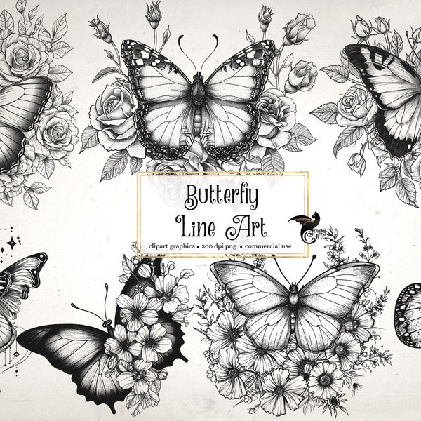 Butterfly Line Art Clipart - butterflies clip art and collage sheets for altered art or junk journals instant download commercial use