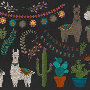 May include: A set of digital illustrations featuring llamas, cacti, flowers, and garlands. The illustrations are in a whimsical style with a black background and colorful details.