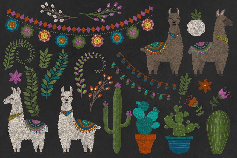 May include: A set of digital illustrations featuring llamas, cacti, flowers, and garlands. The illustrations are in a whimsical style with a black background and colorful details.