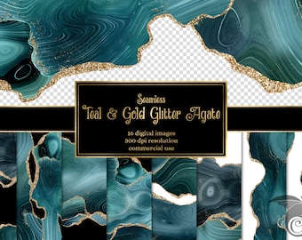 Teal and Gold Glitter Agate Borders, superpositions PNG de géode numérique transparente pour une invitation de mariage à usage commercial ou une conception de sites Web