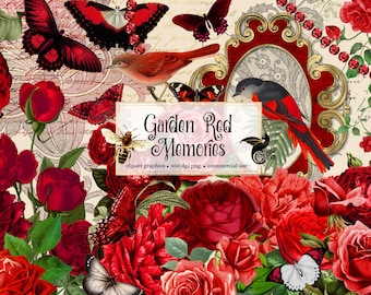 Garden Red Memories - vintage purple flower clipart with butterflies and birds in PNG format instant download for commercial use