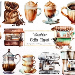 Aquarell Kaffee Clipart - Frühstück und Espresso Kaffeewagen PNG format sofortiger download für kommerzielle Nutzung