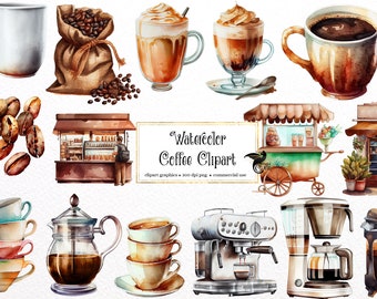 Watercolor Coffee Clipart - breakfast and espresso coffee cart PNG format instant download for commercial use