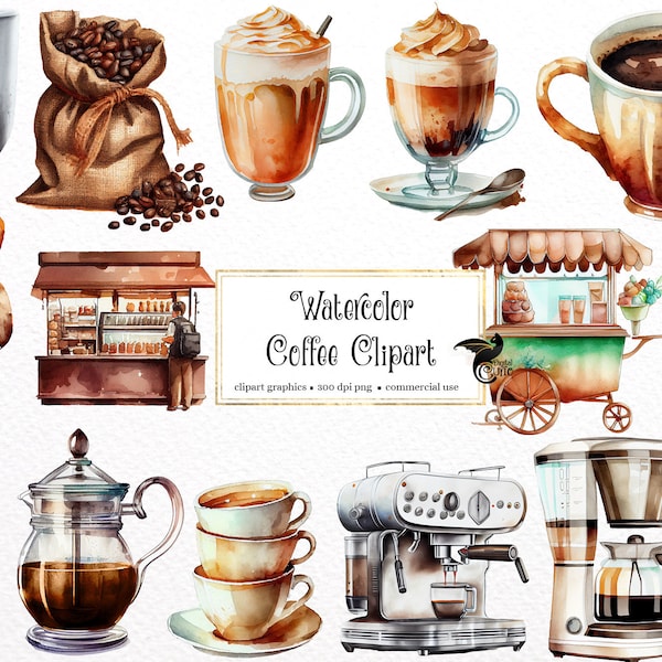 Watercolor Coffee Clipart - breakfast and espresso coffee cart PNG format instant download for commercial use