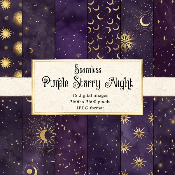 Purple Starry Night Digital Paper - seamless celestial watercolor textures and gold stars instant download printable scrapbook paper