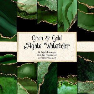Grün und Gold Achat Aquarell Texturen, druckbares Geode digitales Scrapbook Papier für kommerzielle Nutzung in Einladung oder Webdesign