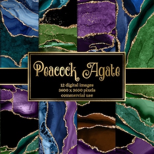 May include: Peacock Agate digital paper pack with 12 images in green, blue, purple, and brown with gold glitter accents.  3600 x 3600 pixels, commercial use.