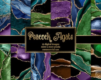 Peacock Agate Digital Paper - instant download geode textures with gold glitter for commercial use