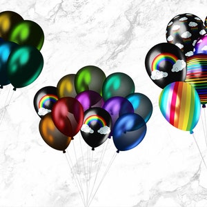 Peut inclure: Un groupe de ballons color&eacute;s avec des motifs arc-en-ciel, dont un ballon noir avec un arc-en-ciel et des nuages, un ballon ray&eacute; arc-en-ciel et un ballon noir avec un motif soleil et fleur.