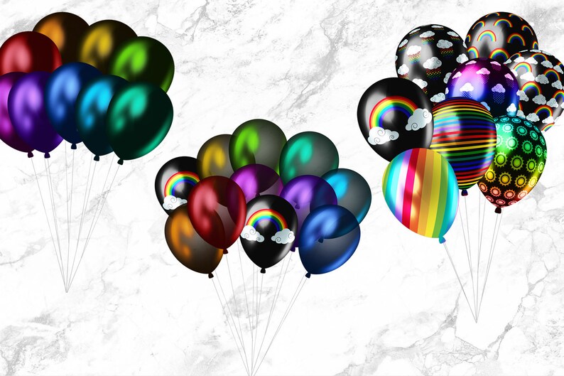 Peut inclure: Un groupe de ballons color&eacute;s avec des motifs arc-en-ciel, dont un ballon noir avec un arc-en-ciel et des nuages, un ballon ray&eacute; arc-en-ciel et un ballon noir avec un motif soleil et fleur.