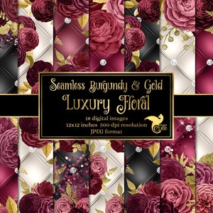 Carta digitale floreale di lusso bordeaux e oro - download istantaneo di sfondi di diamanti tufted senza soluzione di continuità per uso commerciale