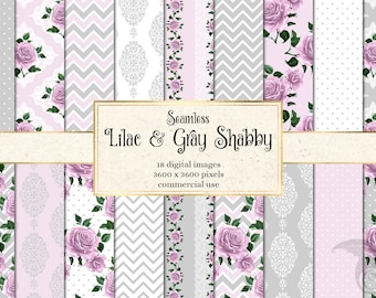 Papel digital shabby chic lila y gris, rosas florales (descarga digital)