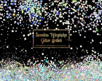 Seamless Holographic Glitter Borders Clipart, silver and rainbow iridescent glitter png overlays, clip art glitter confetti instant download