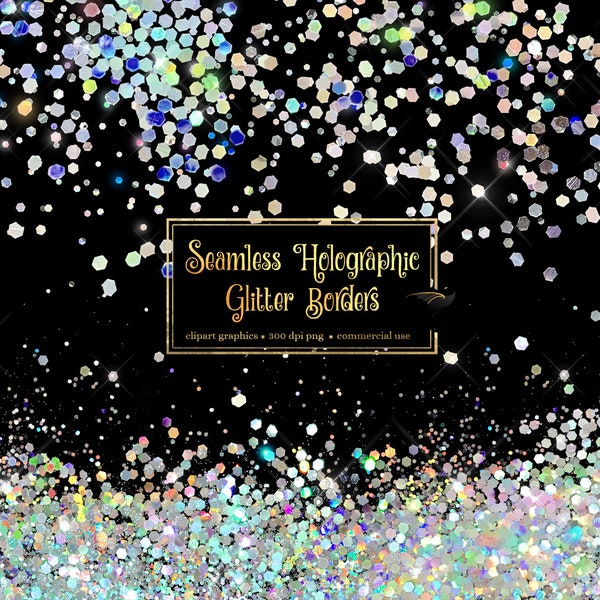 Seamless Holographic Glitter Borders Clipart, silver and rainbow iridescent glitter png overlays, clip art glitter confetti instant download