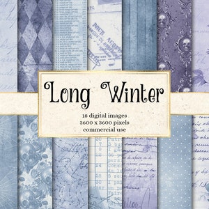 Papel digital de texturas de inverno longo, cartas manuscritas vintage e papel de álbum de recortes imprimível com textura grunge desgastada para uso comercial