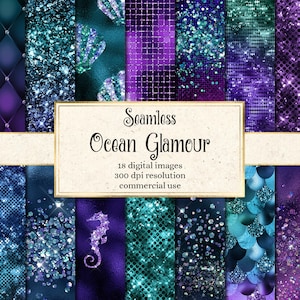 Papel digital Ocean Glamour, papel de álbum de recortes imprimible con texturas de escamas y láminas de sirena sin costuras para fiestas en la piscina