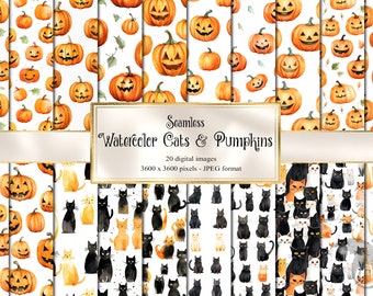 Watercolor Cats and Pumpkins, Seamless Digital Paper (Digital Download)