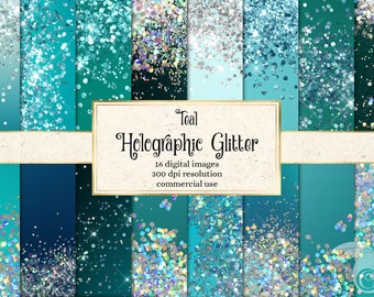 Teal Holographic Glitter Digital Paper, printable scrapbook paper with holo iridescent textures instant download for commercial use