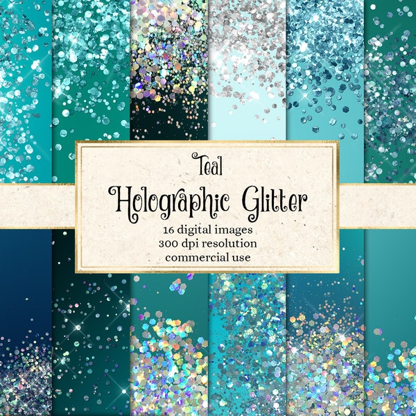 Teal Holographic Glitter Digital Paper, druckbares Scrapbook Papier mit Holo irisierenden Texturen sofortiger Download für kommerzielle Nutzung