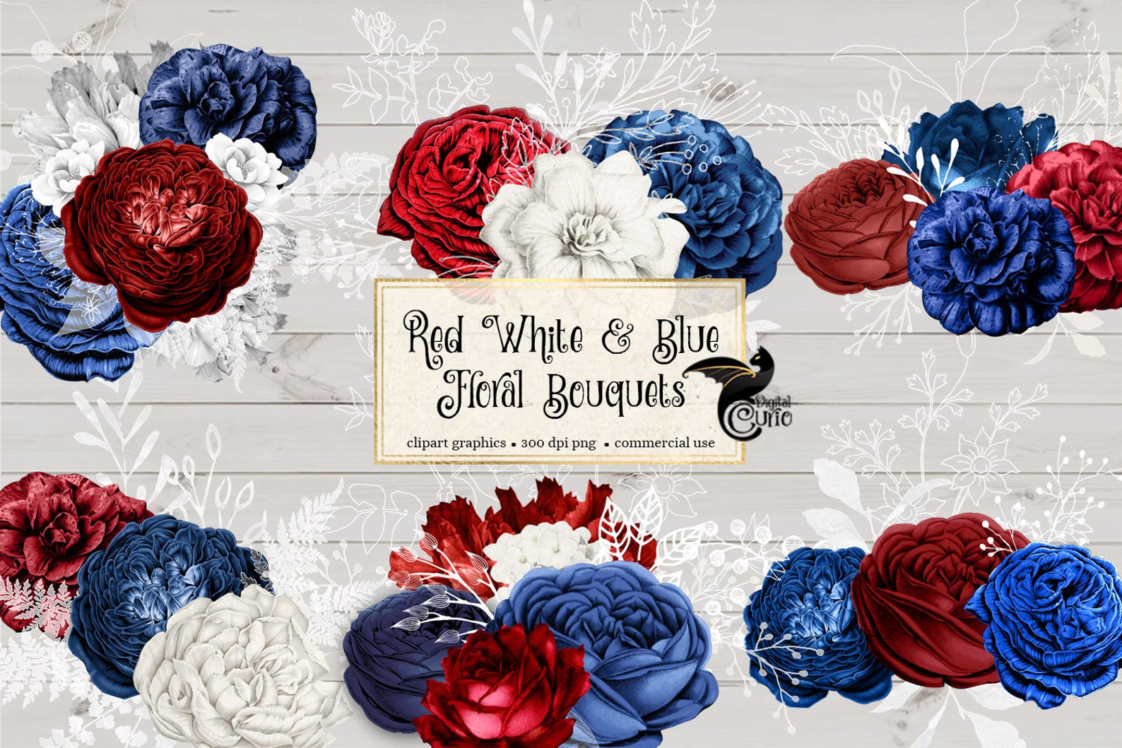 Red White and Blue Floral Bouquets Patriotic Flower Clip Art Etsy