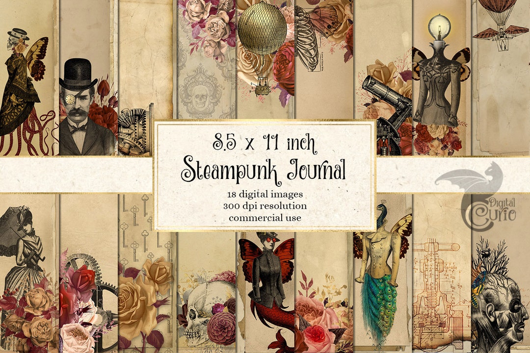 Steampunk Journal Paper, Printable Notebook Digital Paper Grunge Junk ...