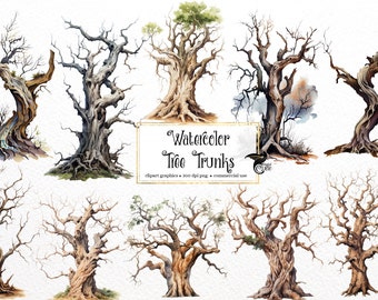 May include: A set of ten watercolor illustrations of tree trunks. The trunks are depicted in various shades of brown, gray, and white, with intricate details of bark and branches. The illustrations are perfect for adding a touch of nature to your designs.