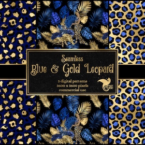 Royal Blue and Gold Leopard Digital Paper, seamless leopard spot patterns, navy safari animal print Art Deco style commercial use