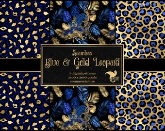 May include: Digital patterns with blue and gold leopard print designs. The image shows three different patterns, with leopard spots and tropical leaves. The text on the image reads "Seamless Blue & Gold Leopard".
