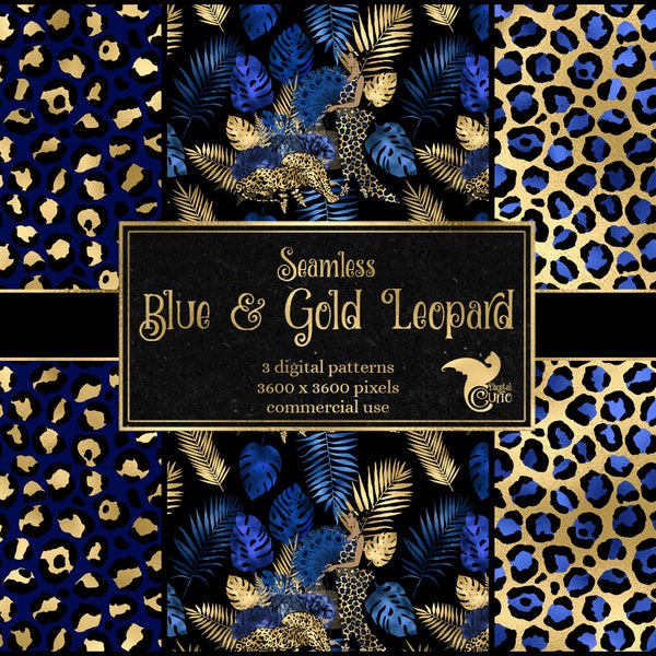 Royal Blue and Gold Leopard Digital Paper, seamless leopard spot patterns, navy safari animal print Art Deco style commercial use