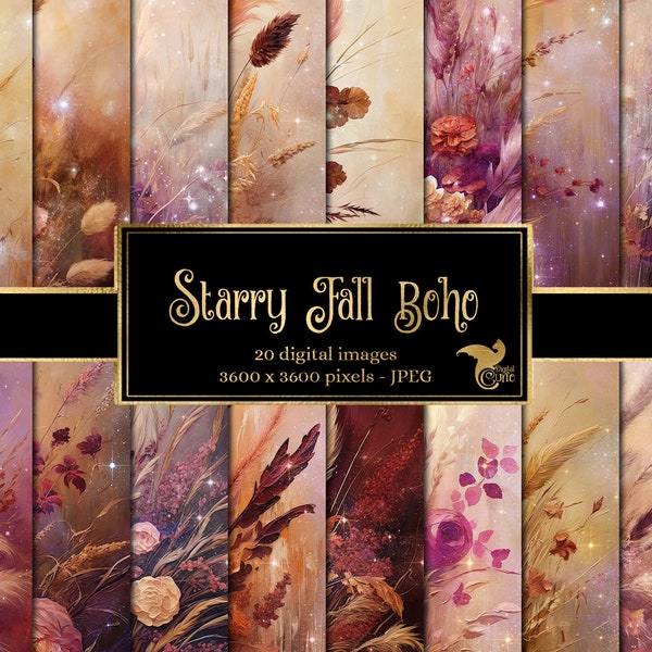 Starry Fall Boho Digital Paper, celestial fall floral digital paper fantasy printable scrapbook pages with pumpkins and sunflowers