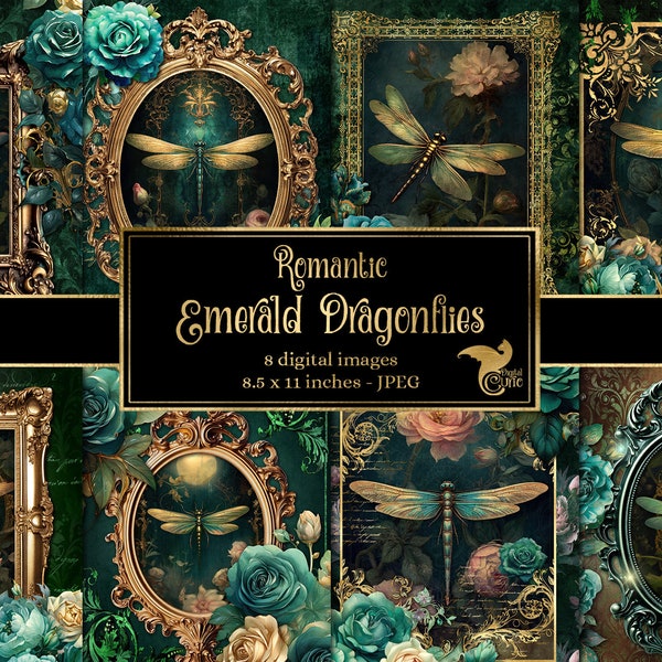 Romantic Emerald Dragonflies Journal Paper, notebook digital paper rococo fantasy junk journal pages printable 8.5x11 instant download