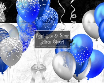 Royal Blue and Silver Balloons Clipart, glitter balloon png digital overlays with confetti for birthdays instant download commercial use