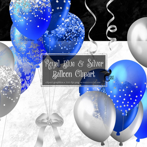 Imágenes Prediseñadas de globos azul real y plata, superposiciones digitales png de globo de brillo con confeti para uso comercial de descarga instantánea de cumpleaños