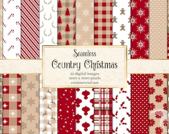 Country Christmas Digital Paper - seamless holiday patterns printable scrapbook paper instant download for commercial use