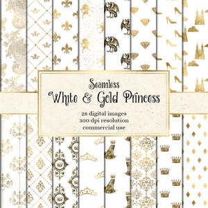 White and Gold Princess Digital Paper, seamless fairy princess patterns printable scrapbook paper backgrounds commercial use