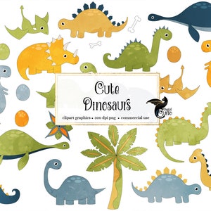 May include: A set of 14 cute cartoon dinosaur illustrations in watercolor style. The dinosaurs are in various colors, including blue, green, yellow, and orange. The illustrations include a variety of dinosaur species, such as a stegosaurus, triceratops, and brachiosaurus. The text "Cute Dinosaurs" is included in the image.
