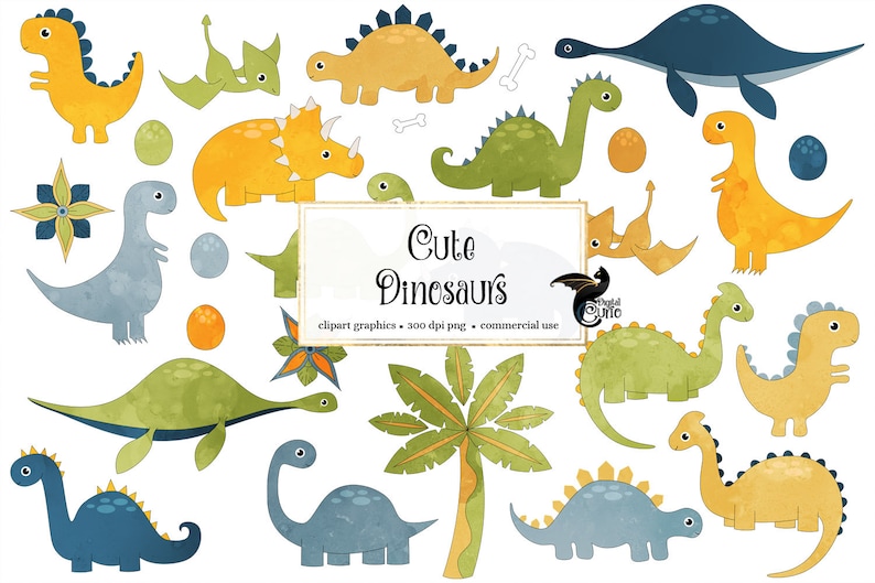 May include: A set of 14 cute cartoon dinosaur illustrations in watercolor style. The dinosaurs are in various colors, including blue, green, yellow, and orange. The illustrations include a variety of dinosaur species, such as a stegosaurus, triceratops, and brachiosaurus. The text "Cute Dinosaurs" is included in the image.