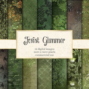 Papel digital Forest Glimmer, fundo gótico verde vintage com texturas desgastadas para impressão