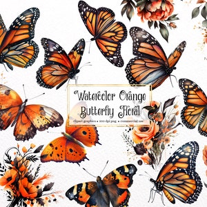 Aquarell Orange Schmetterling Blumen Clipart - Monarch Schmetterlinge und Blumen im PNG-Format sofortiger Download für kommerzielle Nutzung