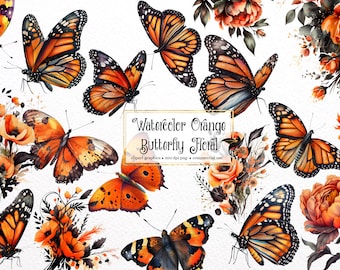 Watercolor Orange Butterfly Floral Clipart - monarch butterflies and flowers in PNG format instant download for commercial use