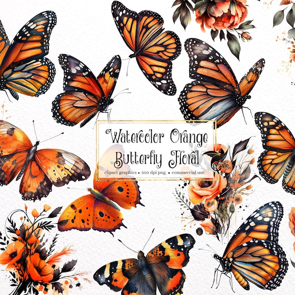 Watercolor Orange Butterfly Floral Clipart - monarch butterflies and flowers in PNG format instant download for commercial use