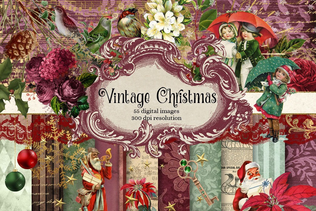 Vintage Christmas Digital Scrapbooking Kit rustic clipart Etsy