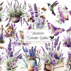 Watercolor Lavender Garden Clipart - Provence floral spring PNG format instant download for commercial use